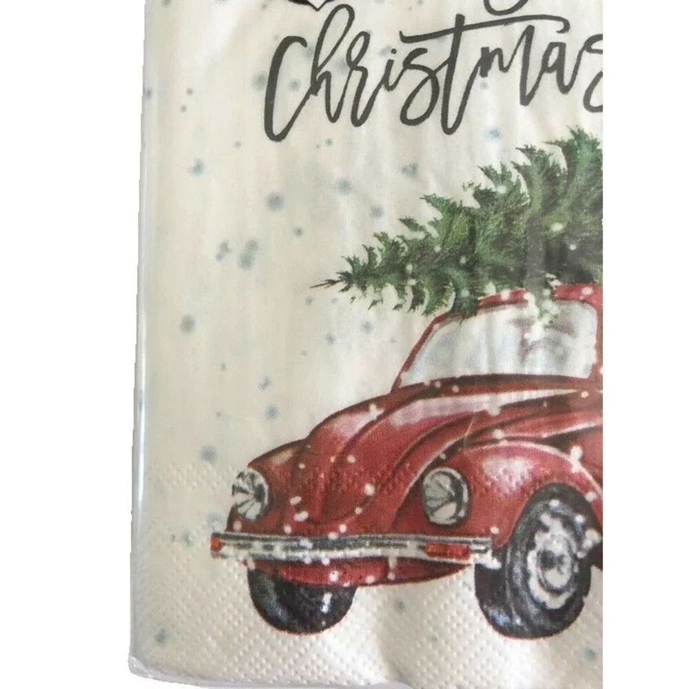 VW Bug Car Christmas Tree Red Paper Napkins Lunch Dinner 40 Ct 6.5x6.5